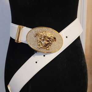 Versace White Leather Gold Toned La Medusa  Women's Belt Crystal Encrusted 75/30
